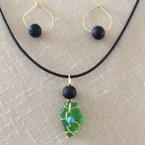 Sea Glass Lava Stone Diffuser Necklace Earring Set Beaded